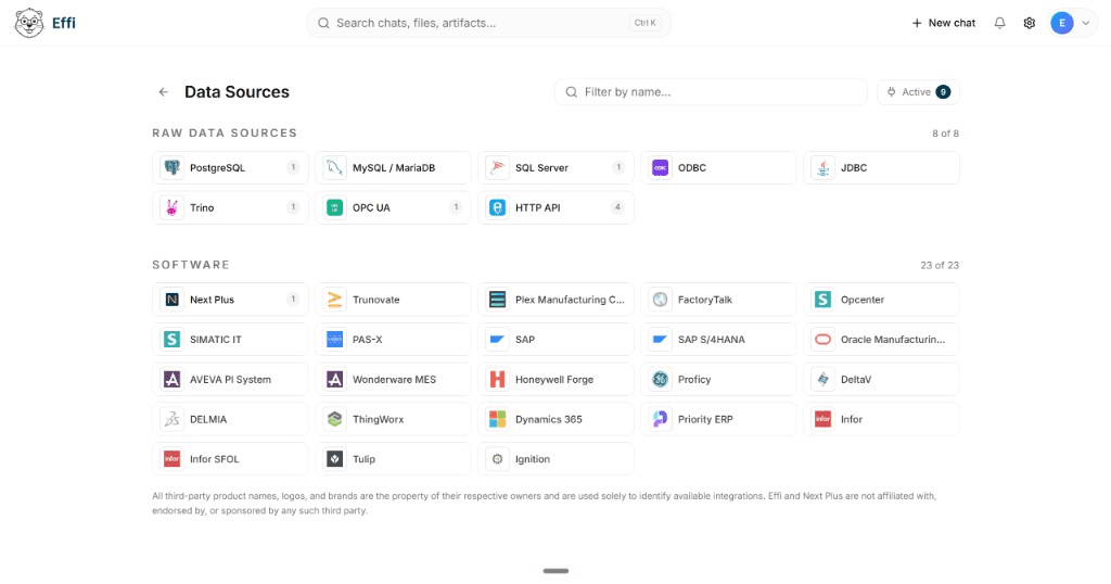 Effi Data Sources screen listing PostgreSQL, MySQL, OPC UA, SAP, Plex, FactoryTalk, and other operational integrations